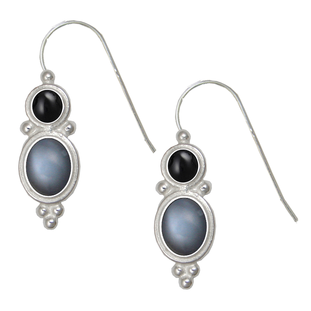 Sterling Silver Drop Dangle Earrings Grey Moonstone And Black Onyx